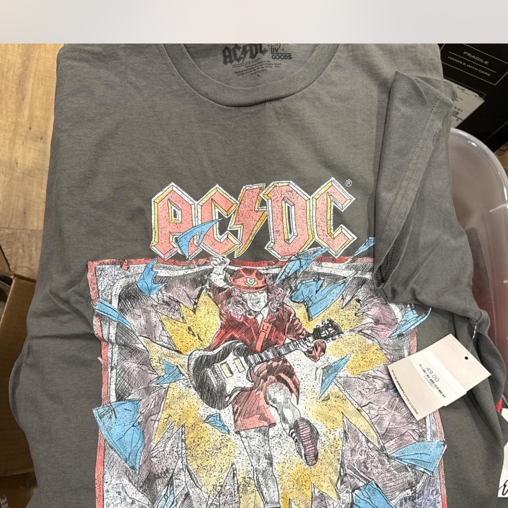 AC/DC Gray Graphic Short Sleeve Tee with Multicolor Band Print
